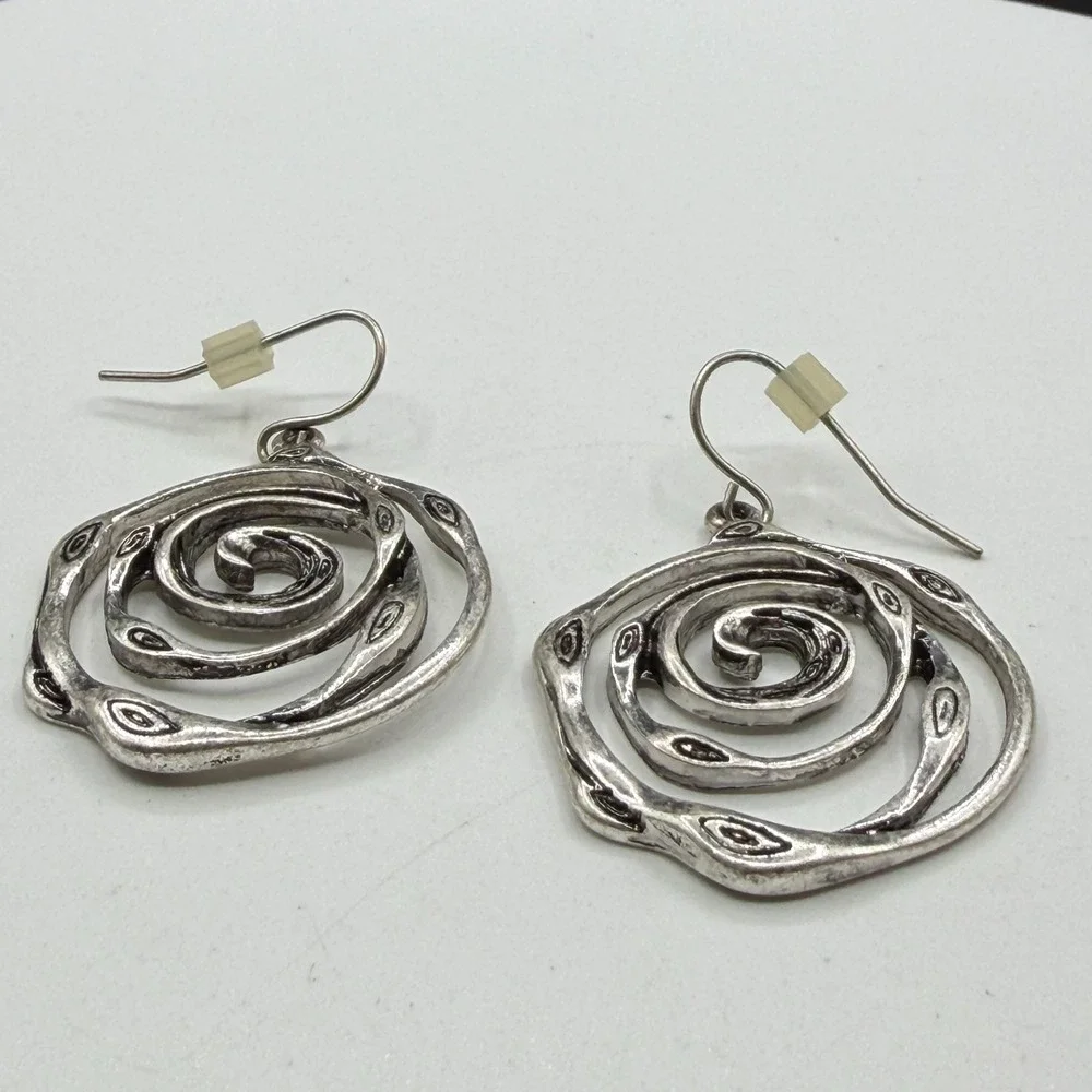 Silver Tone Spiral Coil Drop Earrings Abstract Eye Swirl Dangle Boho PiercedSilv